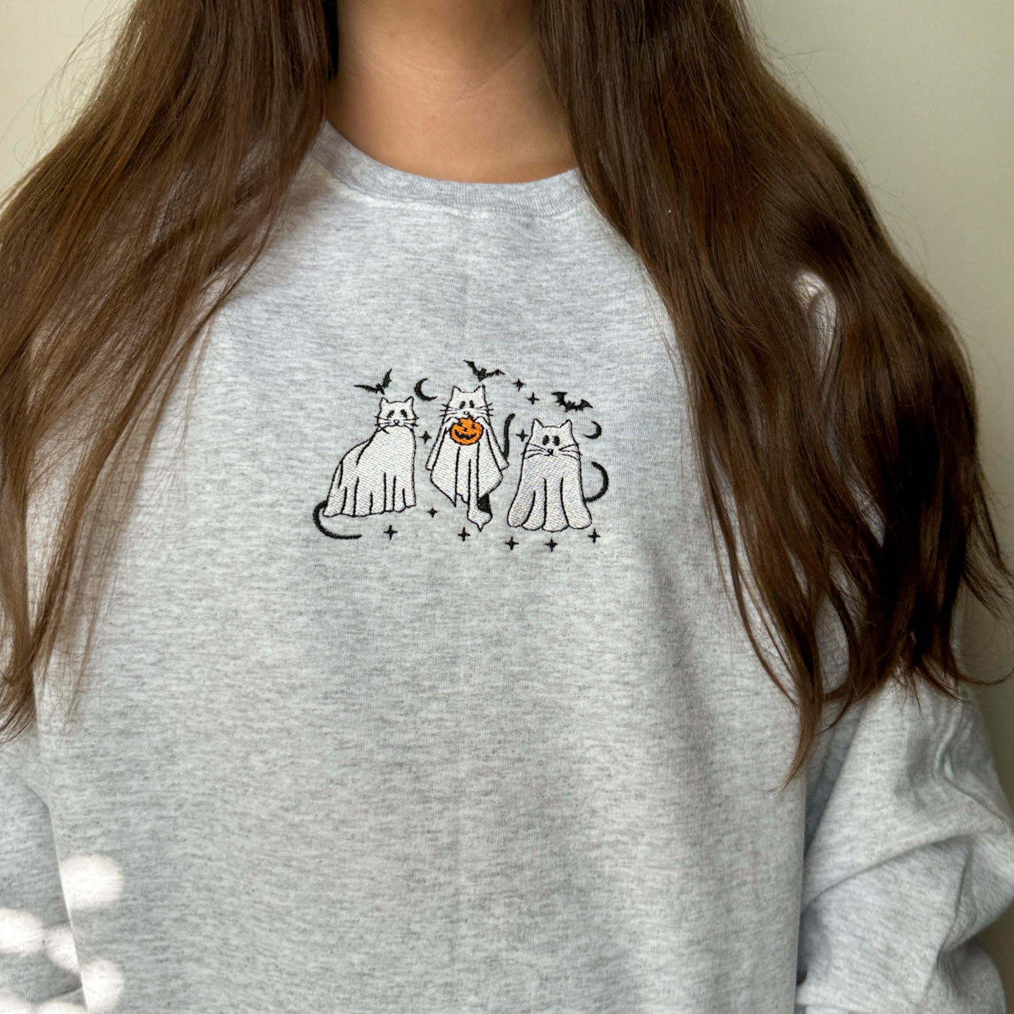 Ghost Cat Embroidered Crewneck