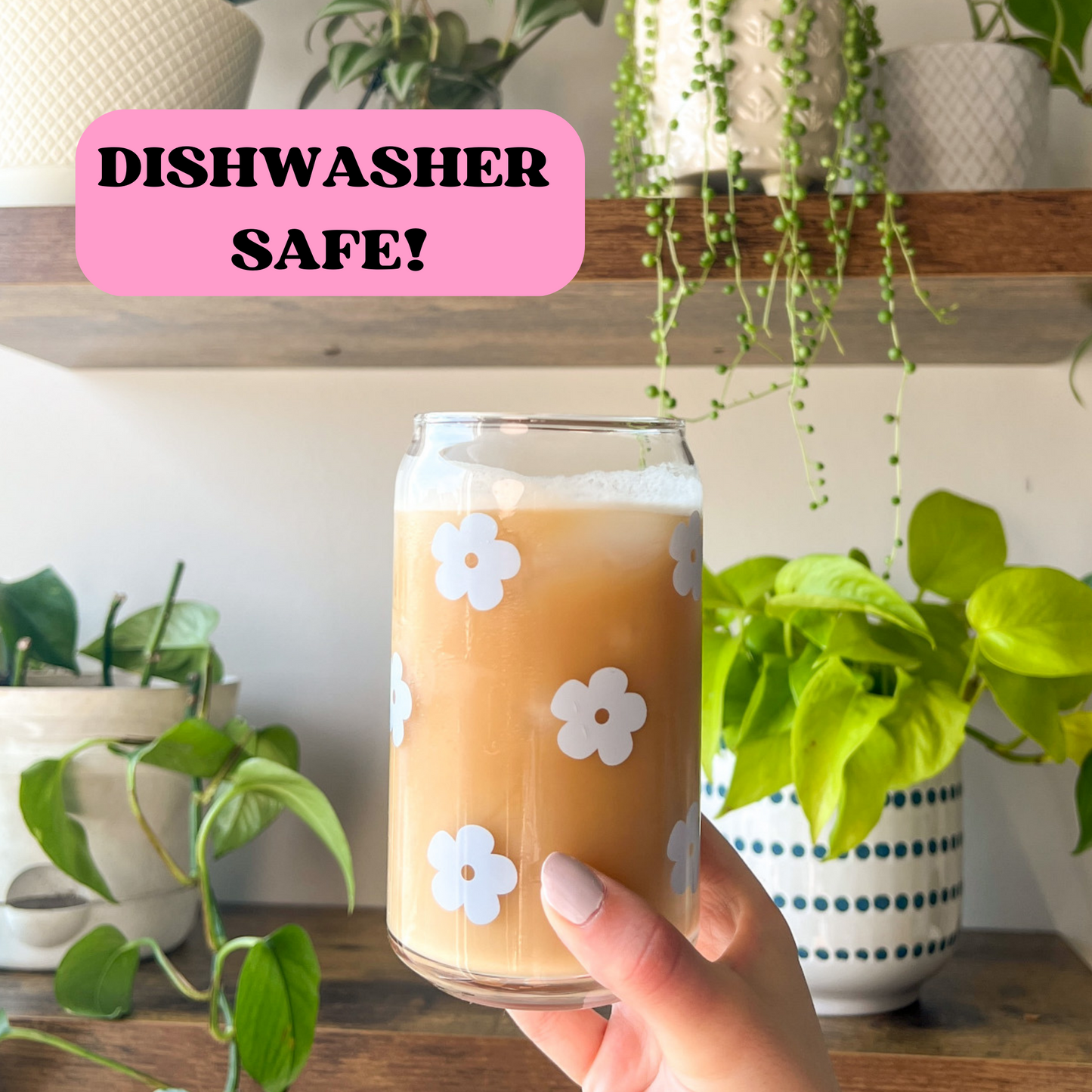 16 oz Blue Retro Flower Glass Cup