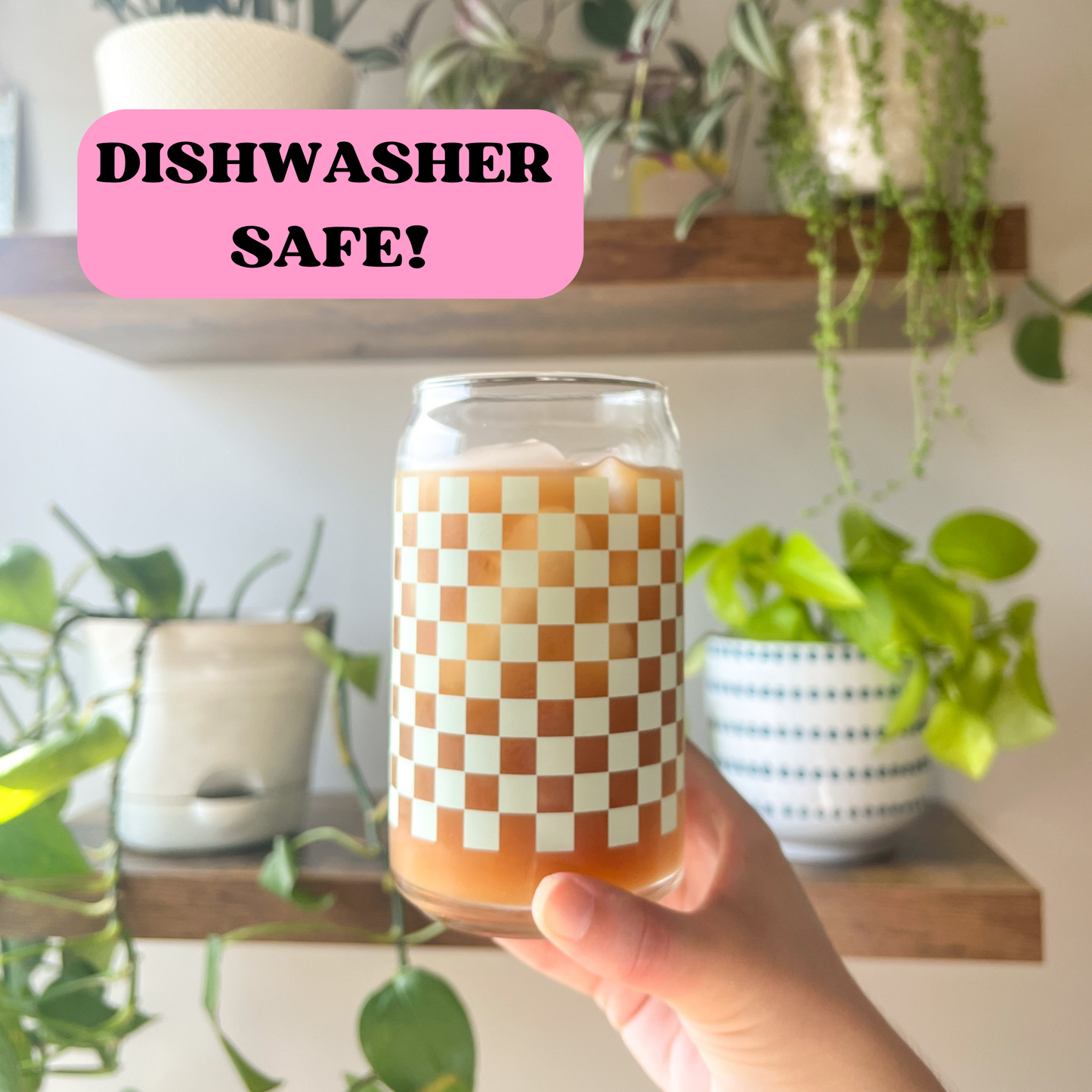 16 oz Sage Green Checker Print Glass Cup