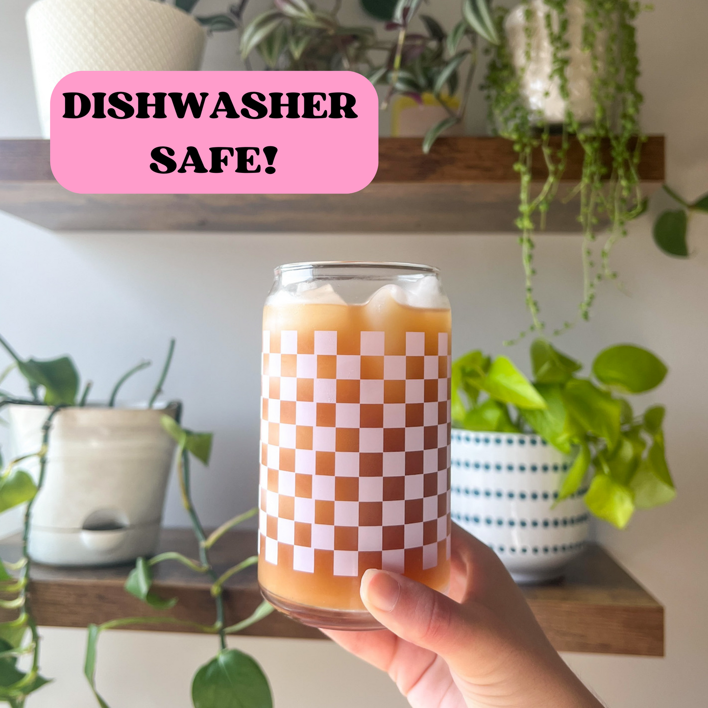 16 oz Lavender Checker Print Glass Cup