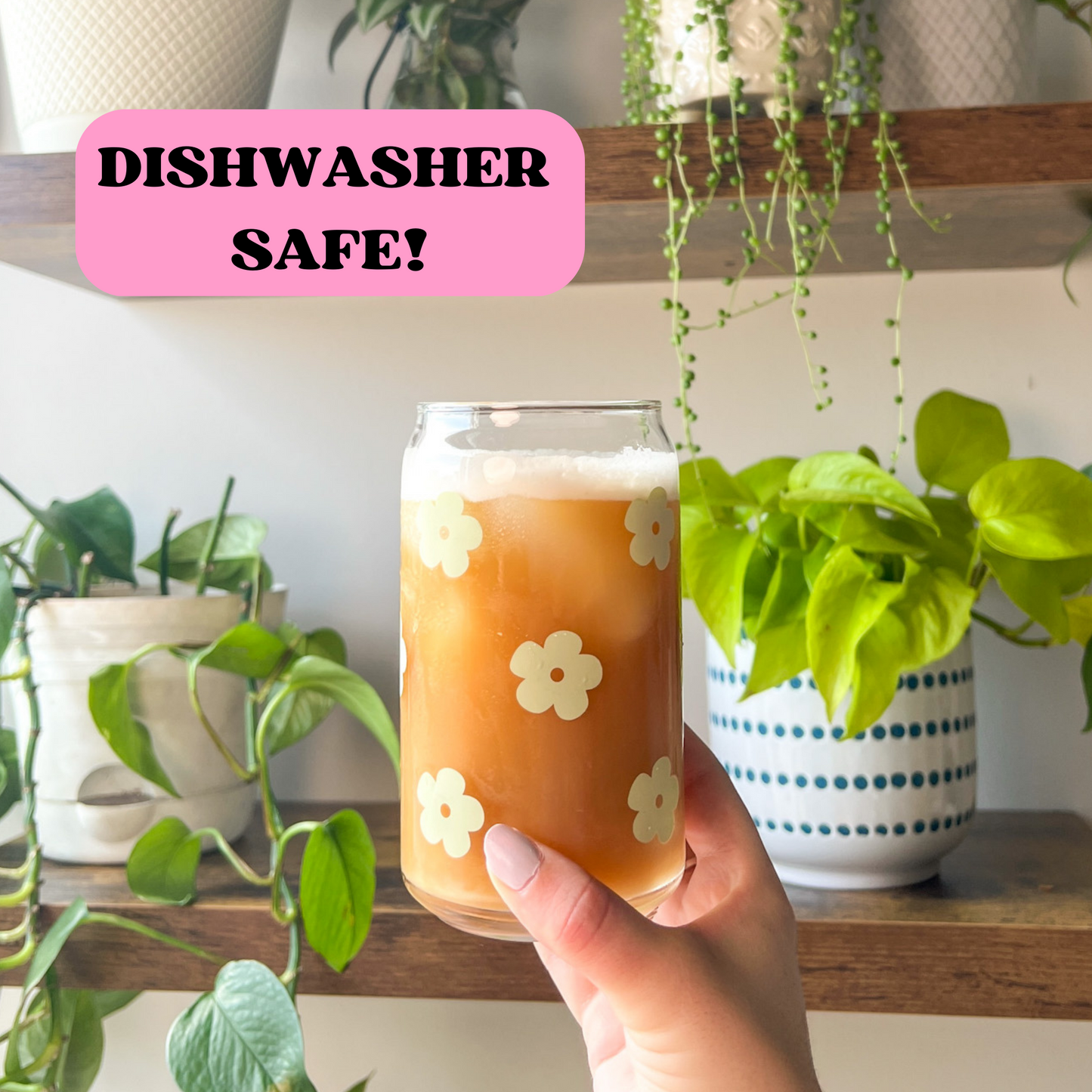 16 oz Sage Green Retro Flower Glass Cup