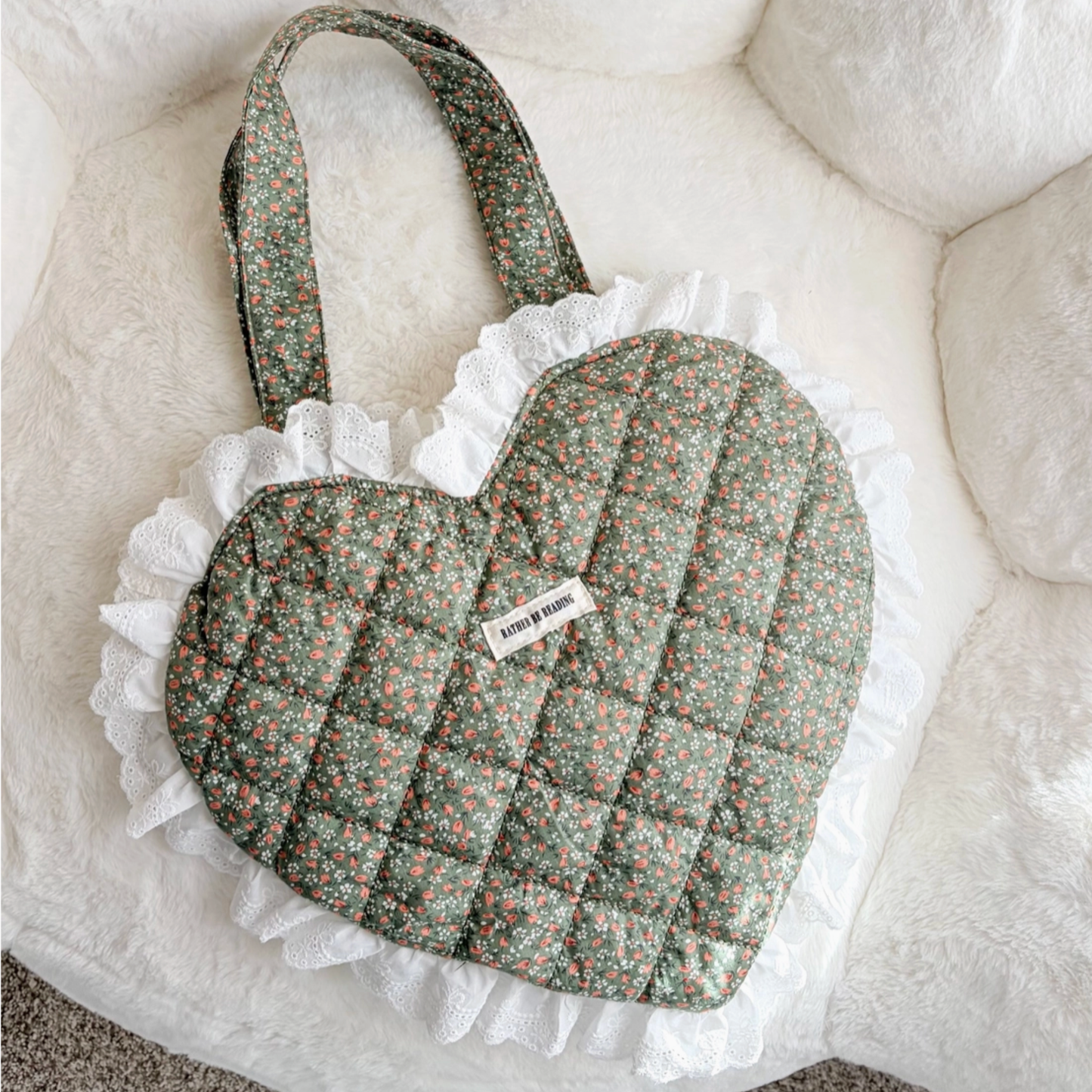 Rather Be Reading Green Quilted Heart Tote Bag