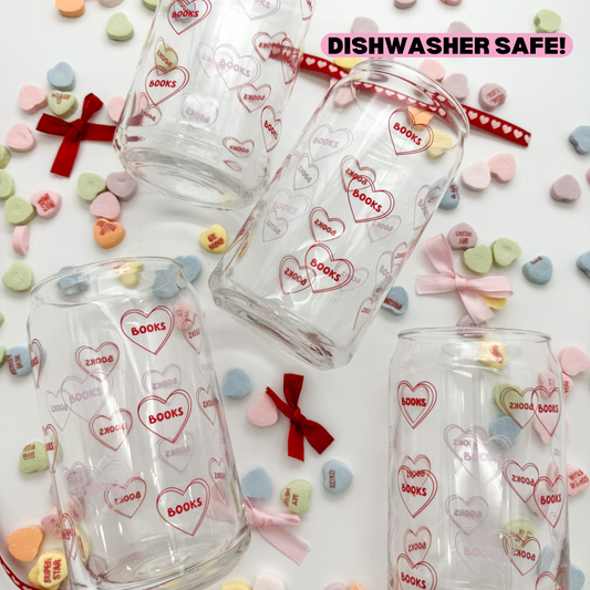 16 oz Books Candy Heart Glass Cup