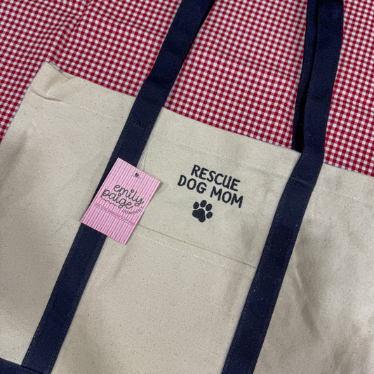 Rescue Dog Mom Embroidered Canvas Tote Bag