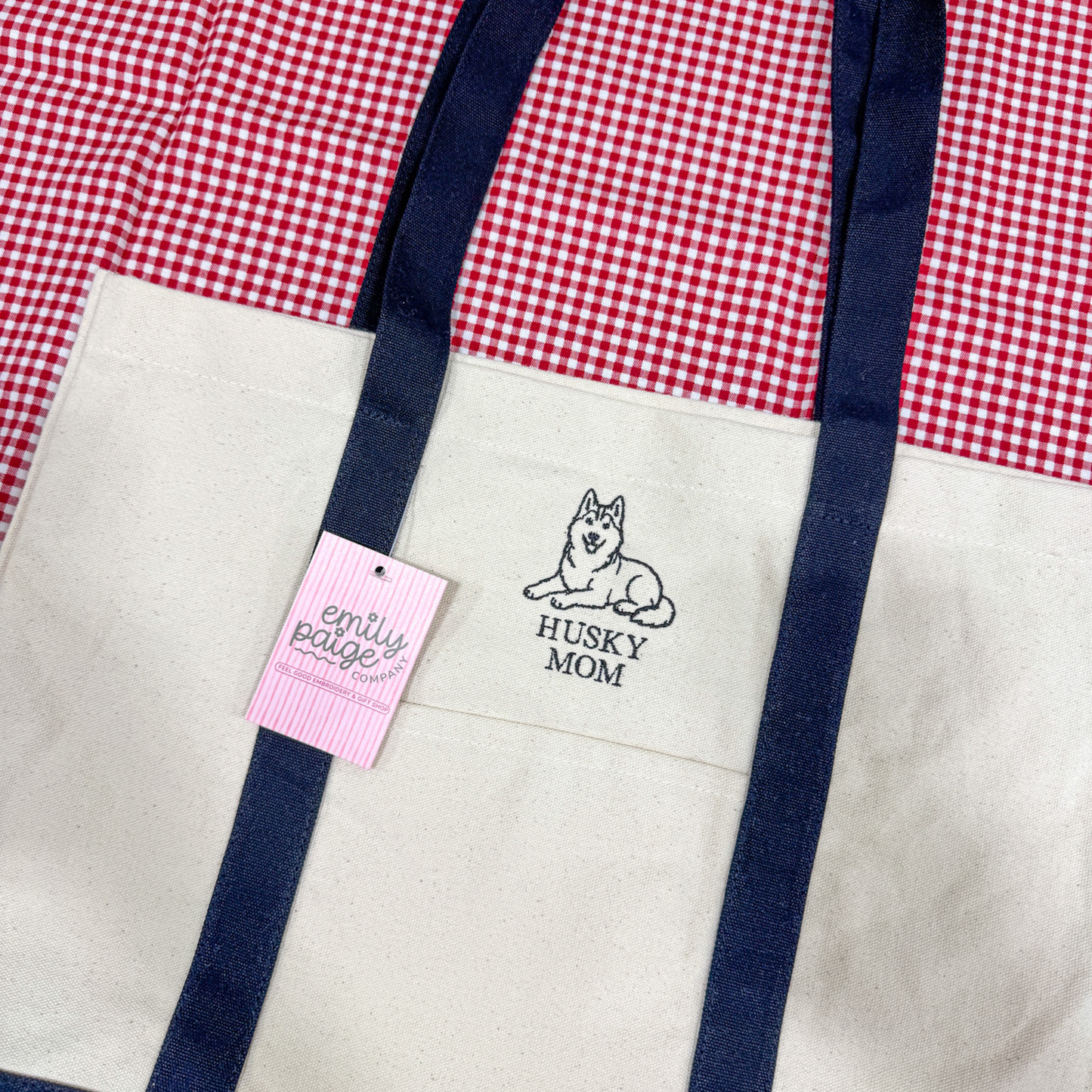 Husky Mom Embroidered Canvas Tote Bag