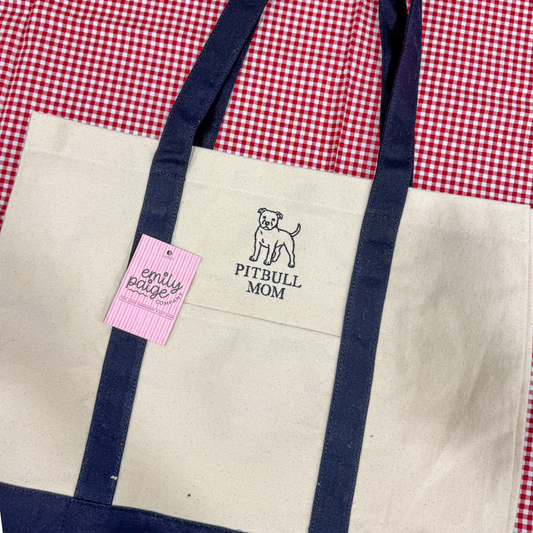 Pitbull Mom Embroidered Canvas Tote Bag