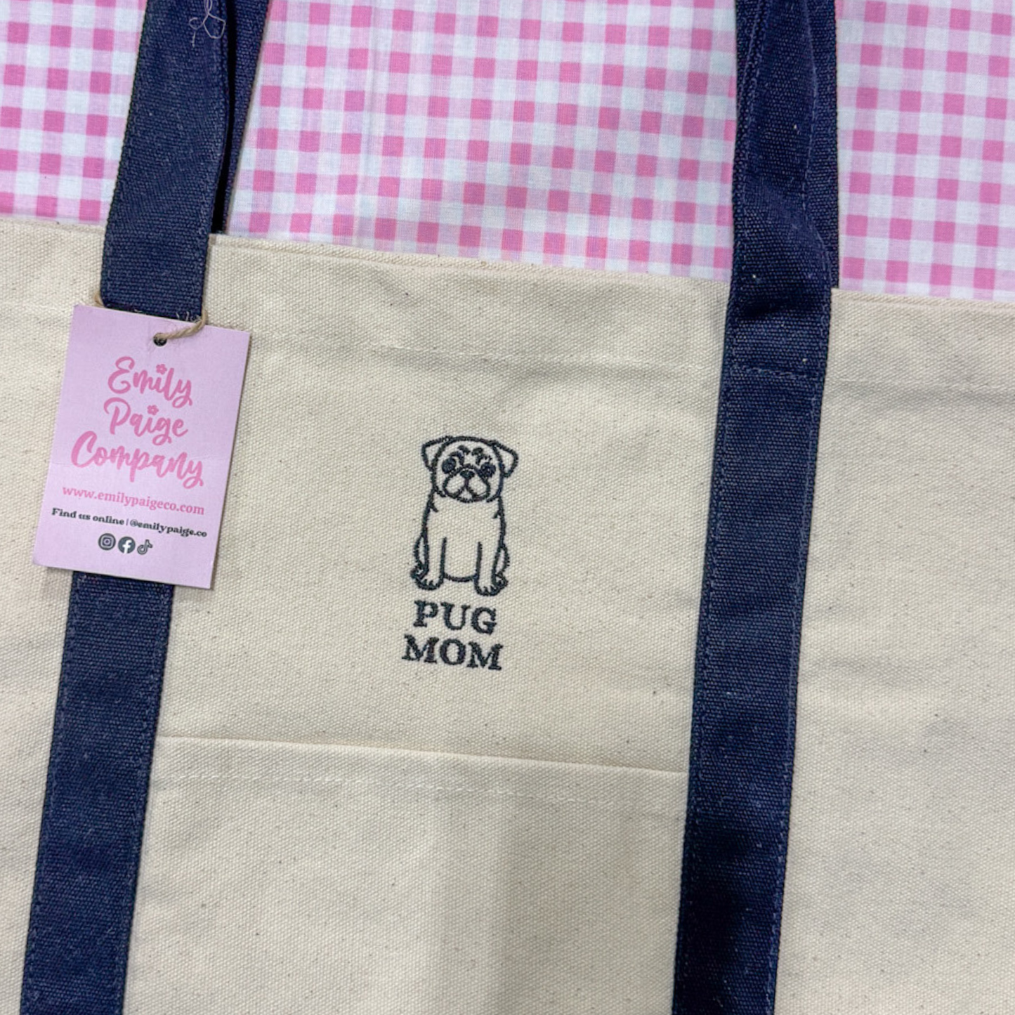 Pug Mom Embroidered Canvas Tote Bag