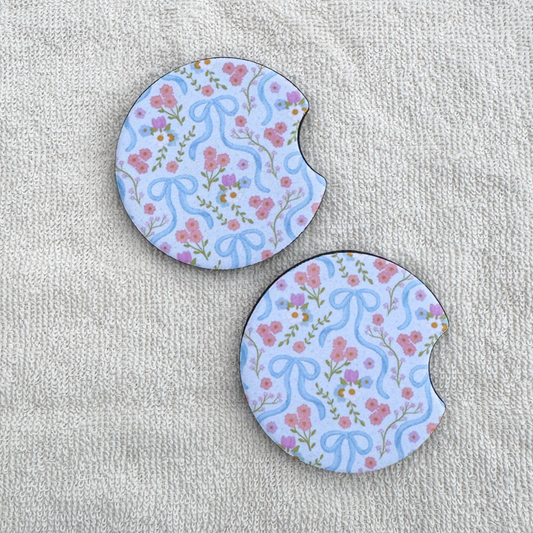 Floral Blue Bows Car Coasters