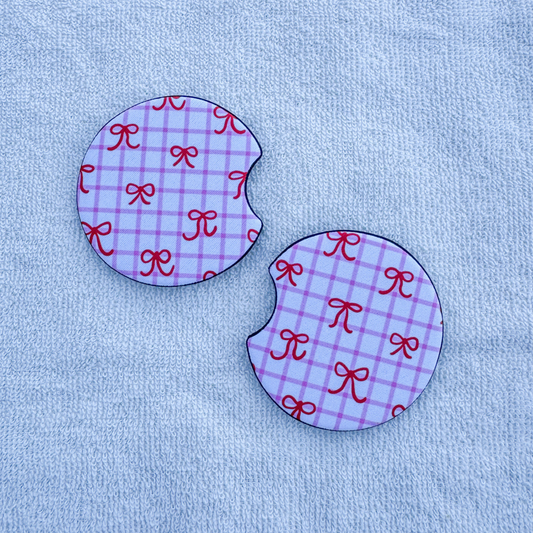 Red Bow Pink Gingham Car Coasters