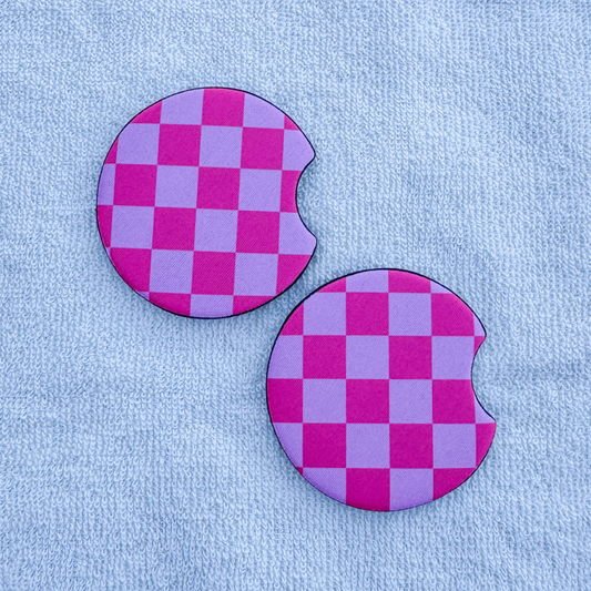 Pink Checker Print Car Coasters