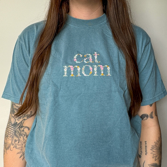 Floral Cat Mom Embroidered Tee