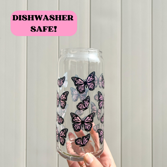 20 oz Pink Butterfly Glass Cup