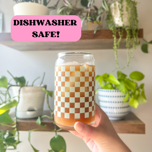 16 oz Sage Green Checker Print Glass Cup