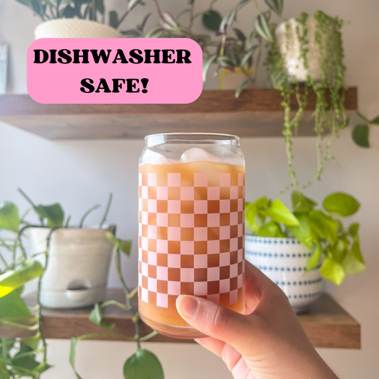 16 oz Soft Pink Checker Print Glass Cup