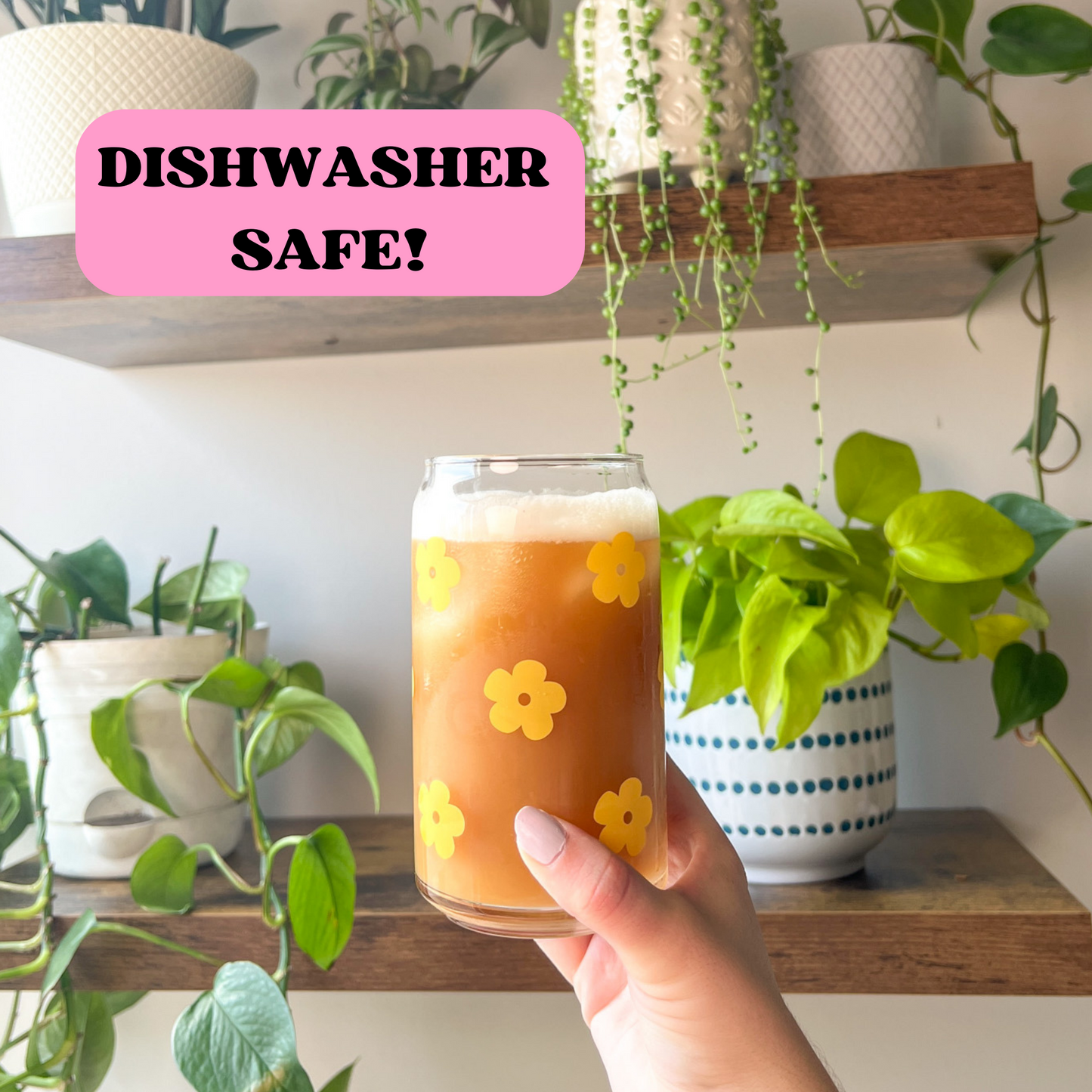 16 oz Yellow Retro Flower Glass Cup